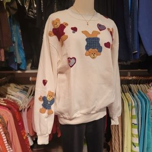 JERZEES ♡ Sweet Vintage Cream Handmade Multiple Teddy Bears 'n ❤️'s Sweatshirt M